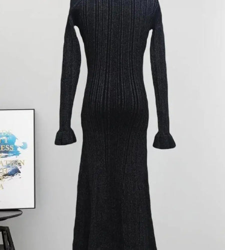 Autumn Winter Black V Neck Single Breasted Knitted Dress For Women French 2024 New Beige Elegant Long Sleeve Fishtail Dress Chic
