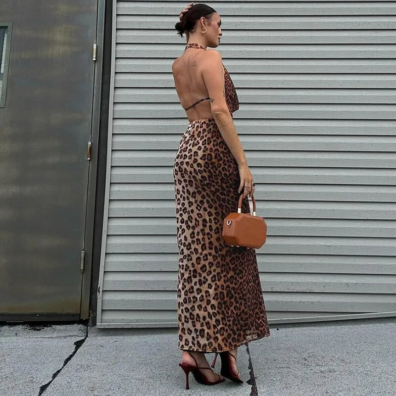 Leopard Print Backless Sexy Maxi Dress For Women Gown Fashion Halter Strapless Sleeveless Bodycon Printed Long Dress