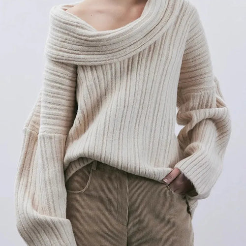 Load image into Gallery viewer, Solid Knitting Minimalist Loose Sweaters For Women Diagonal Collar Long Sleeve Off Shoulder Casual Pullover Sweater Female
