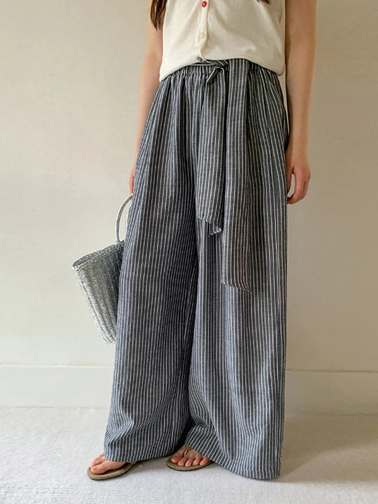 High Elastic Waist Gray Striped Bandage Casual Wide Leg Pants New Trousers Women Fashion Tide Spring Autumn 2025 1DJ1492