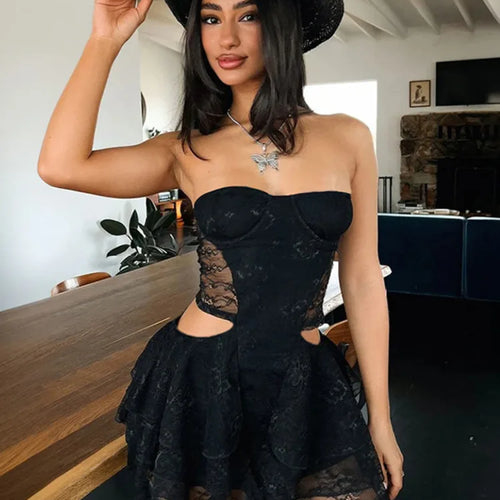 Load image into Gallery viewer, Lace Hollow Out Sexy Mini Dress Women Summer New Off-shoulder Strapless Sleeveless Backless A-line Club Party Dress
