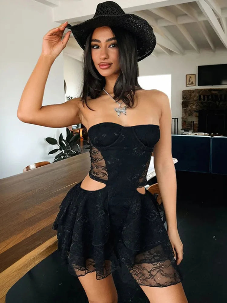 Lace Hollow Out Sexy Mini Dress Women Summer New Off-shoulder Strapless Sleeveless Backless A-line Club Party Dress