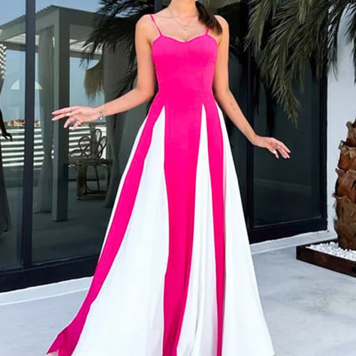Load image into Gallery viewer, Patchwork Spaghetti Strap Maxi Dress For Women Color Contrast Slipdress Ladies Sleeveless Backless Loose Long Dress

