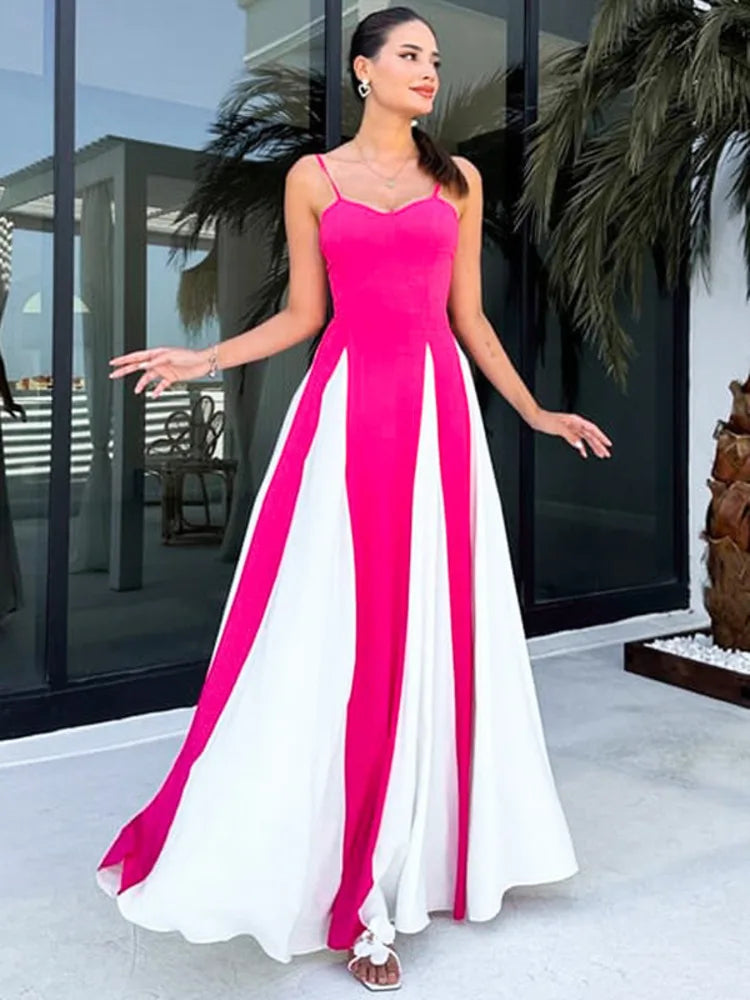 Patchwork Spaghetti Strap Maxi Dress For Women Color Contrast Slipdress Ladies Sleeveless Backless Loose Long Dress