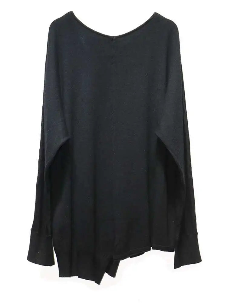 Women Gray Black Brief Irregular Big Size Casual T-shirt New V-Neck Long Sleeve Fashion Tide Spring Autumn 2025 1DJ0234