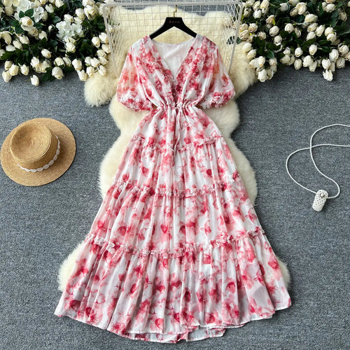 Load image into Gallery viewer, French Retro Women Floral Temperament V Neck Short Sleeved Ruffles Long Dress Summer Elegant Lace-up Party Pleated Dresses Boho
