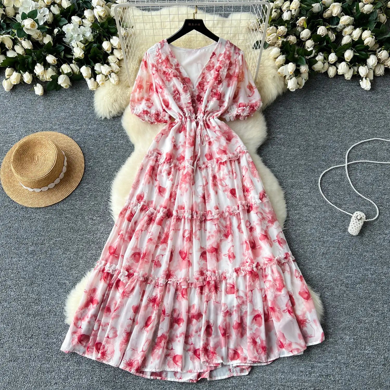 French Retro Women Floral Temperament V Neck Short Sleeved Ruffles Long Dress Summer Elegant Lace-up Party Pleated Dresses Boho