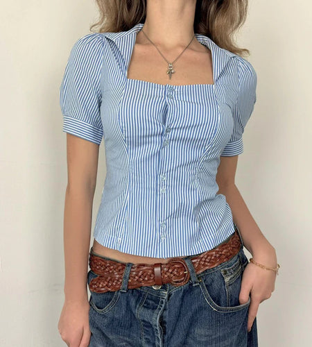 Casual Blue Striped Square Neck Slimming Shirts Women‘s Puff Short Sleeve With Breasted Blouse Summer All Match Tops