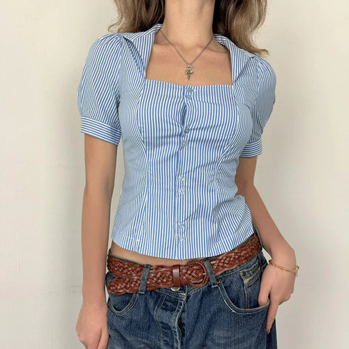Load image into Gallery viewer, Casual Blue Striped Square Neck Slimming Shirts Women‘s Puff Short Sleeve With Breasted Blouse Summer All Match Tops
