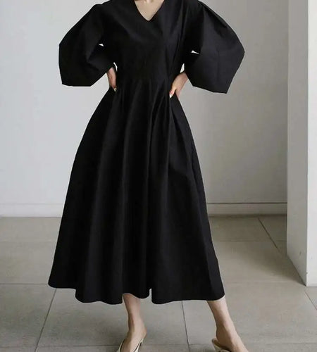 Women Kahki Elegant Big Size Long Dress New V-Neck Long Lantern Sleeve Loose Fit Fashion Tide Spring Autumn 2025  1DH0488