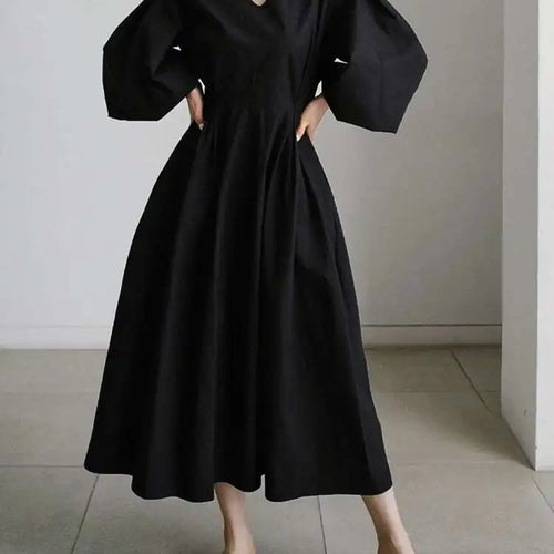 Load image into Gallery viewer, Women Kahki Elegant Big Size Long Dress New V-Neck Long Lantern Sleeve Loose Fit Fashion Tide Spring Autumn 2025  1DH0488
