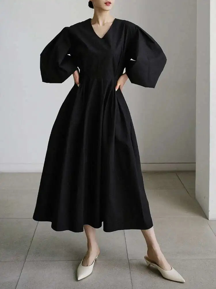 Women Kahki Elegant Big Size Long Dress New V-Neck Long Lantern Sleeve Loose Fit Fashion Tide Spring Autumn 2025  1DH0488