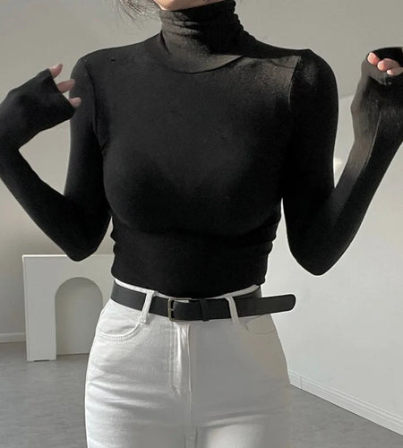 Casual Basic Tight Turtleneck T-shirt Women Long Sleeve Solid Autumn Tee Shirt Cotton All-Match Tops Winter Clothes