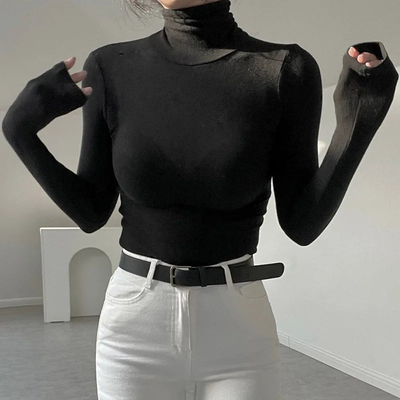 Casual Basic Tight Turtleneck T-shirt Women Long Sleeve Solid Autumn Tee Shirt Cotton All-Match Tops Winter Clothes