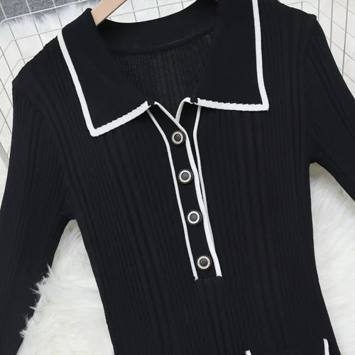 Load image into Gallery viewer, Autumn Winter Patchwork Single-breasted Casual Pullover Sweater Dress Elegant Office Women's Temperament Long Sleeve Knit Dress
