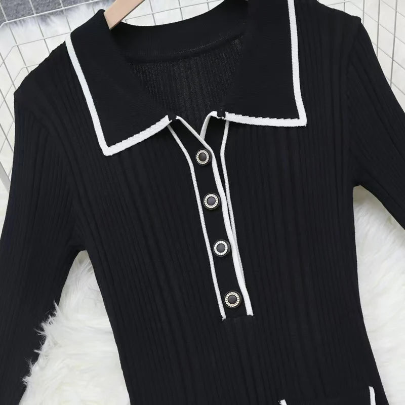 Autumn Winter Patchwork Single-breasted Casual Pullover Sweater Dress Elegant Office Women's Temperament Long Sleeve Knit Dress