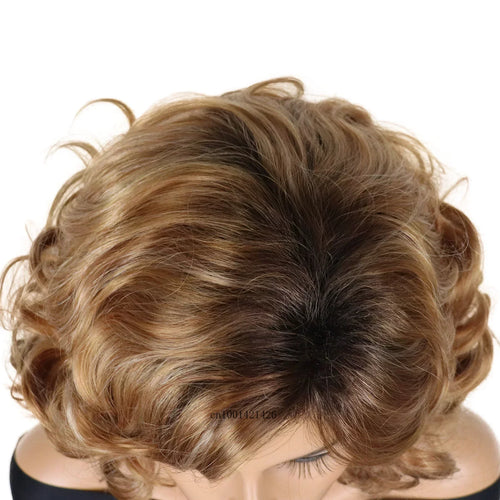 Load image into Gallery viewer, Brown Curly Mommy Wigs Synthetc Short Hair Brown Wigs with Side Bangs Black Roots Ombre Wig Natural Hairstyles Older Lady Hairs
