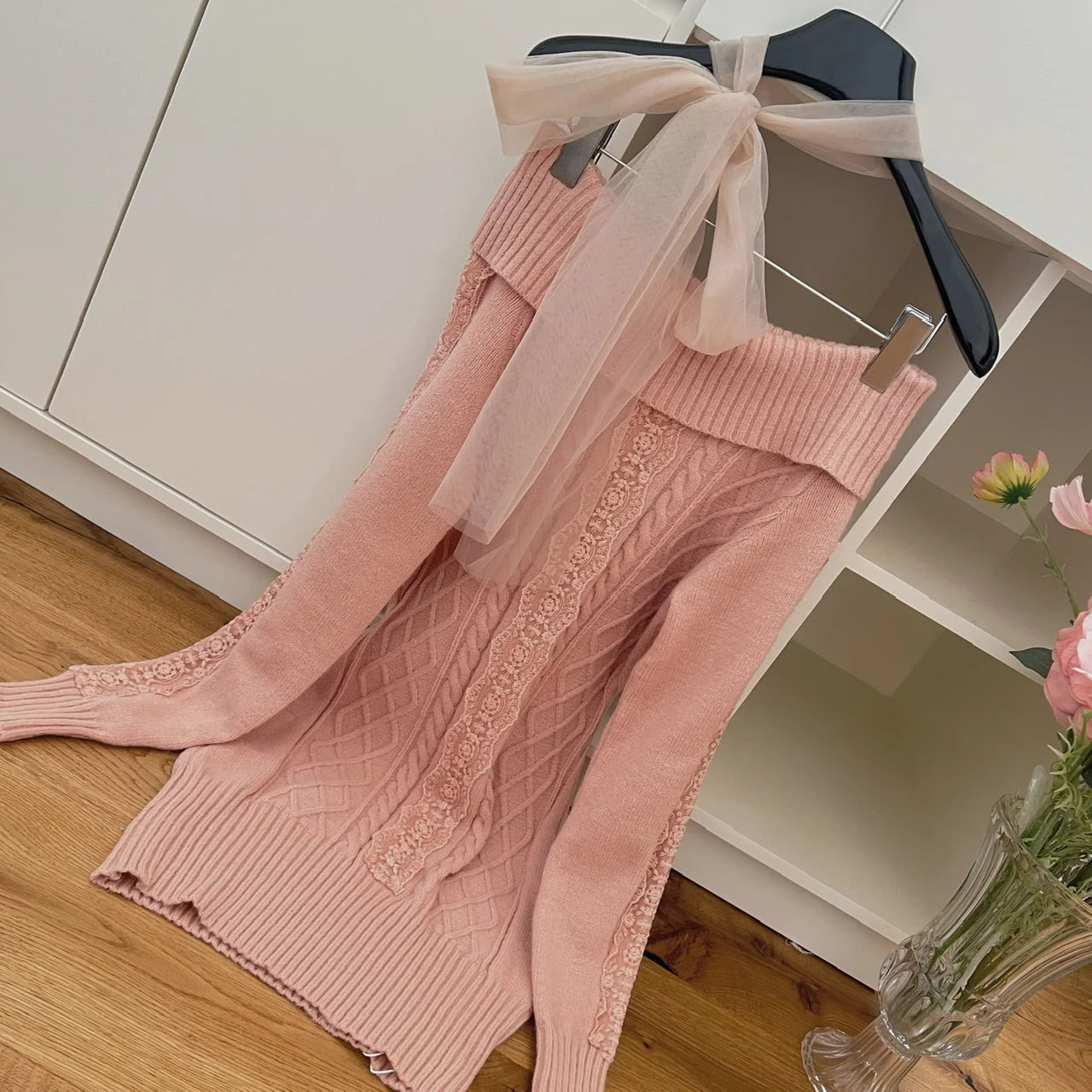 Autumn Winter New Pink Lace Off Shoulder Elegant Knit Dress Women Long Sleeve Slim French Vintage Festival Party Short Dresses