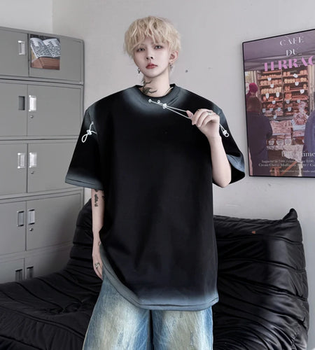 Men's T-shirts New Summer Round Neck Spray Painting Drawstring Decoration Loose Male Short Sleeve Causal Clothing 9W1796