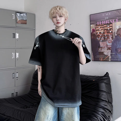 Load image into Gallery viewer, Men's T-shirts New Summer Round Neck Spray Painting Drawstring Decoration Loose Male Short Sleeve Causal Clothing 9W1796
