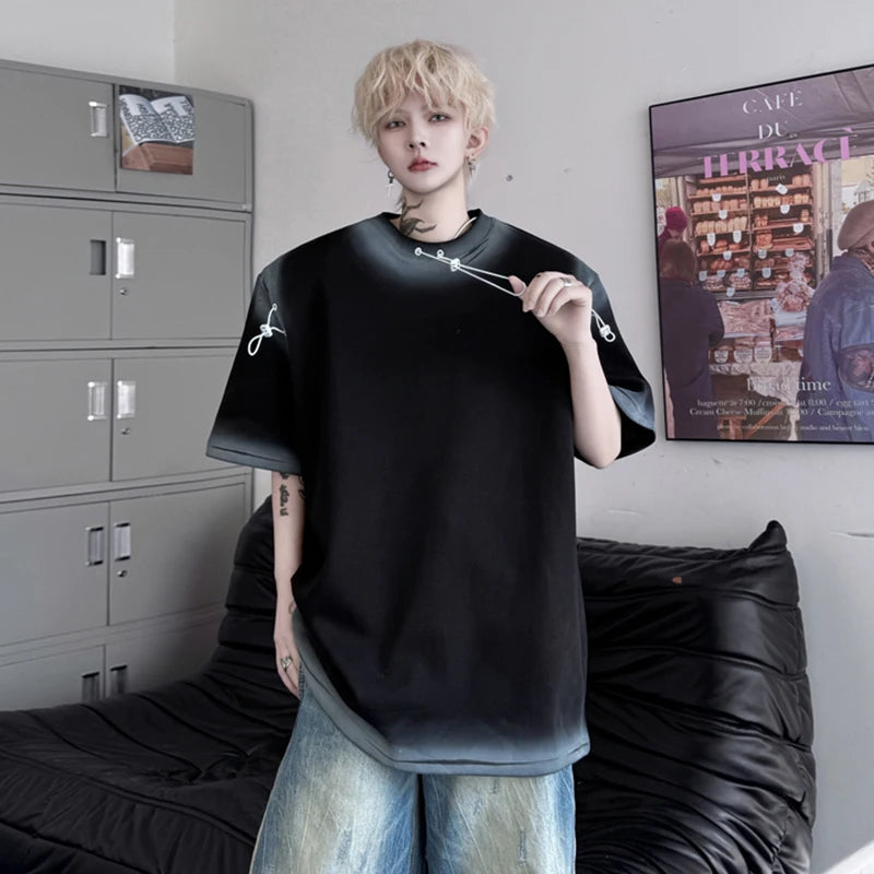 Men's T-shirts New Summer Round Neck Spray Painting Drawstring Decoration Loose Male Short Sleeve Causal Clothing 9W1796