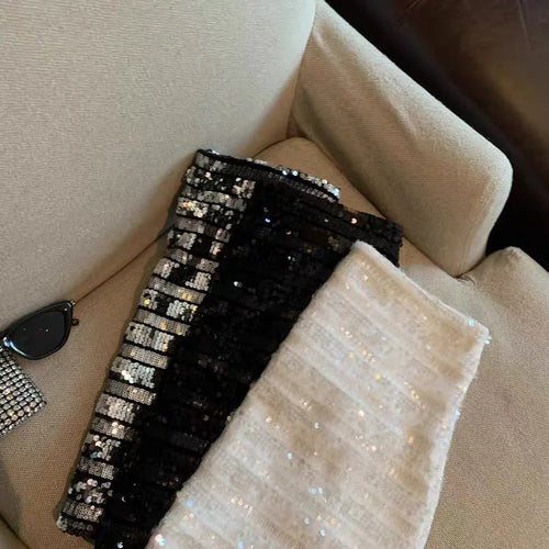 Load image into Gallery viewer, Women Black High Waist Shiny Mini Skirt White Sequins A-line Slim Skirts Y2k Silver Evening Party Skirt Sexy Club Spring Summer
