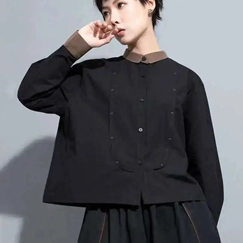 Load image into Gallery viewer, Women Black Color-block Big Size Blouse New Lapel Long Sleeve Loose Fit Shirt Fashion Tide Spring Autumn 2025 1DH0847
