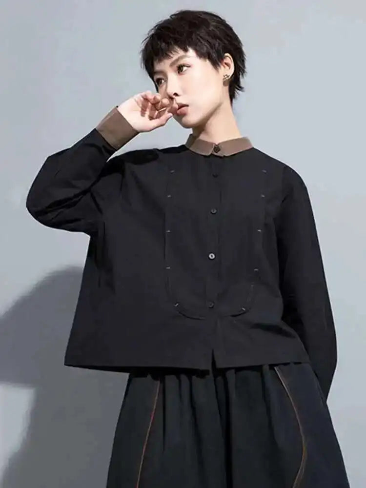 Women Black Color-block Big Size Blouse New Lapel Long Sleeve Loose Fit Shirt Fashion Tide Spring Autumn 2025 1DH0847