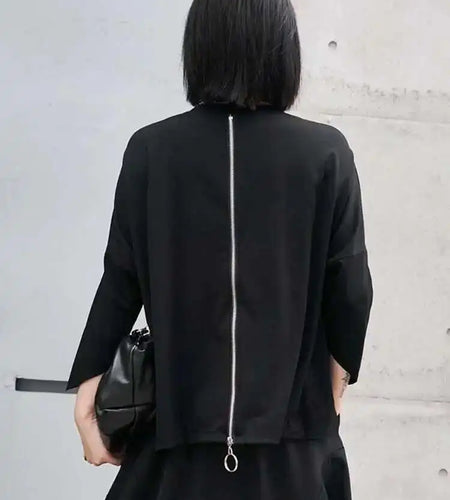 Women Black Zipper Metal Chain Big Size Casual T-shirt New Round Neck Long Sleeve Fashion Tide Spring Autumn 2025 1DF4693