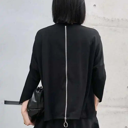 Load image into Gallery viewer, Women Black Zipper Metal Chain Big Size Casual T-shirt New Round Neck Long Sleeve Fashion Tide Spring Autumn 2025 1DF4693
