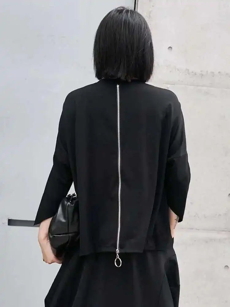 Women Black Zipper Metal Chain Big Size Casual T-shirt New Round Neck Long Sleeve Fashion Tide Spring Autumn 2025 1DF4693