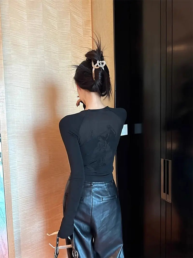 See Through Sexy Gothic Tshirts Y2k Aesthetic Angel Gauze Print Crop Top Women Tees Casual Grunge Harajuku Slim T-shirt Femme