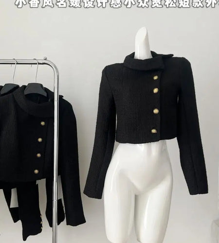 French Fashion Woman Autumn Winter Retro Black Long Sleeves Coat Vintage Elegant Single Breasted Festival Short Jacket Tops Chic