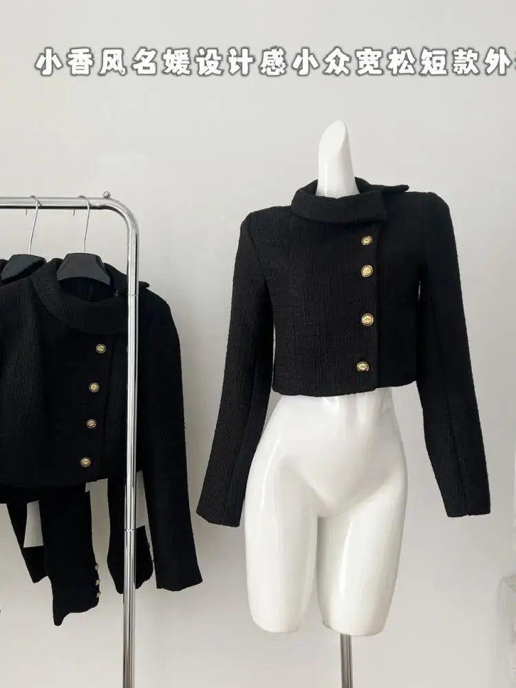 French Fashion Woman Autumn Winter Retro Black Long Sleeves Coat Vintage Elegant Single Breasted Festival Short Jacket Tops Chic