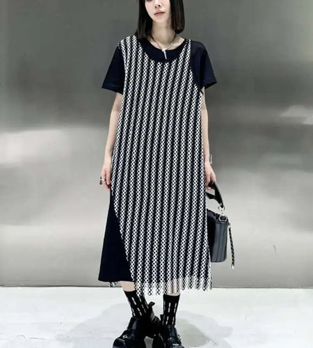 Women Black Irregular Mesh Big Size Casual Midi Dress New Round Neck Short Sleeve Fashion Tide Spring Summer 2025 1DH5415