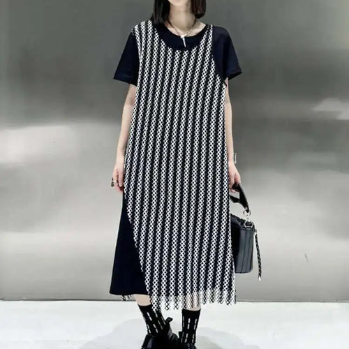Load image into Gallery viewer, Women Black Irregular Mesh Big Size Casual Midi Dress New Round Neck Short Sleeve Fashion Tide Spring Summer 2025 1DH5415
