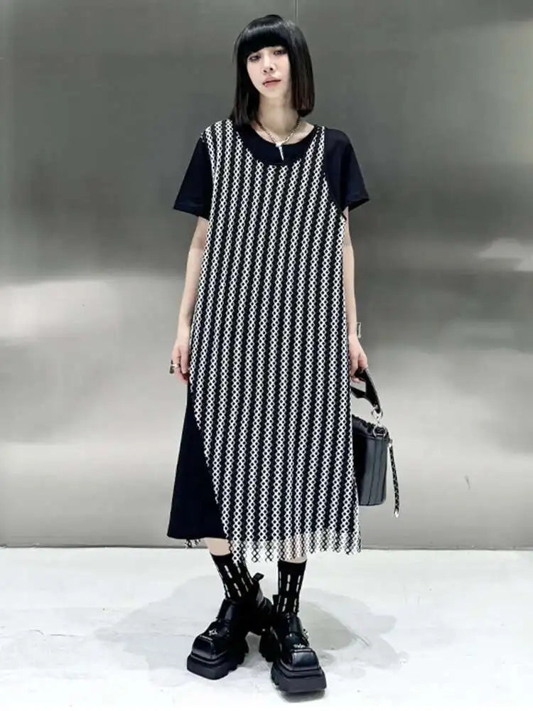 Women Black Irregular Mesh Big Size Casual Midi Dress New Round Neck Short Sleeve Fashion Tide Spring Summer 2025 1DH5415