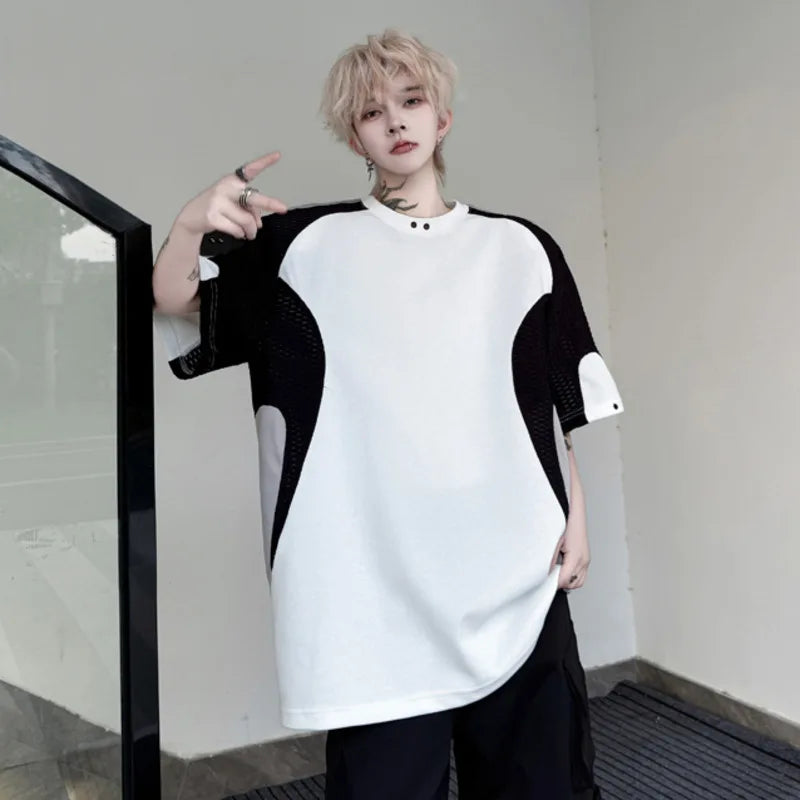 Male Short Sleeve T-shirts Summer Fashion Mesh Splicing Contrast Color Loose Round Neck Men's T-shirt Pullover Top 9W1494