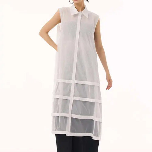 Load image into Gallery viewer, Women Black Layers Mesh Big Size Midi Vest Shirt Dress New Lapel Sleeveless Fashion Tide Spring Summer 2025 1DH9472
