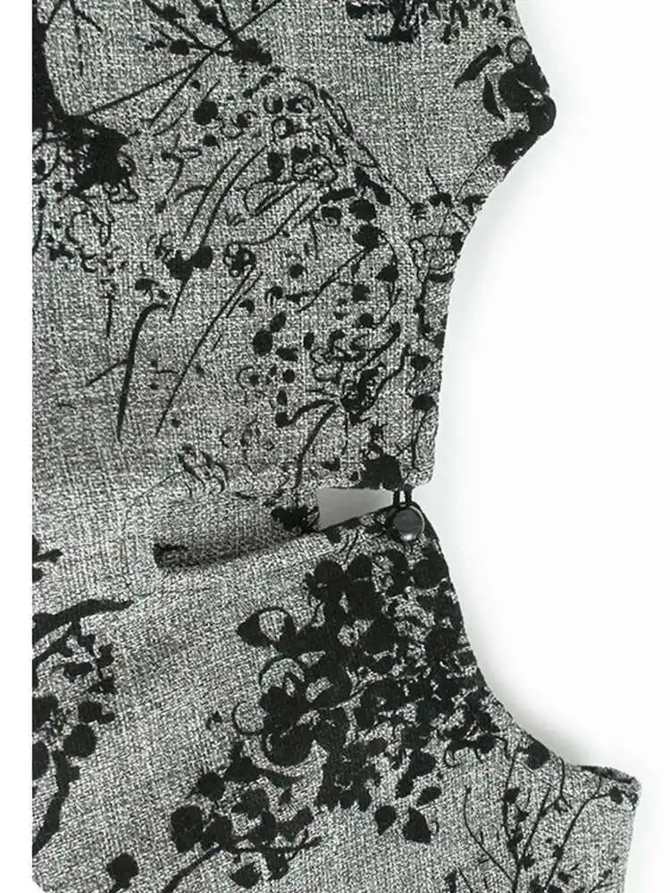 Women Gray Printed Vintage Hem Pleated Big Size Vest Dress New Round Neck Sleeveless Fashion Spring Autumn 2025 1DH9454