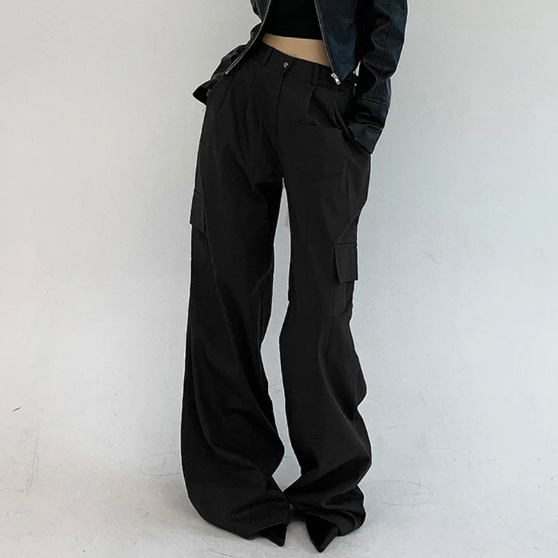 Korean Fashion Pleated Suit Pants Solid Elegant Basic Cargo Trousers Women Harajuku Folds Pockets Sweatpants Outfits