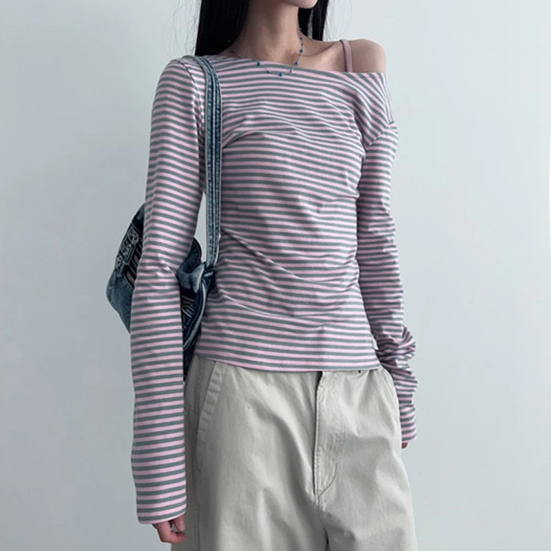 Harajuku Chic Backless Striped Long Sleeve T-shirt For Women Y2K Spring Autumn Korean Top Tee Lace-Up Gilrs Cutecore