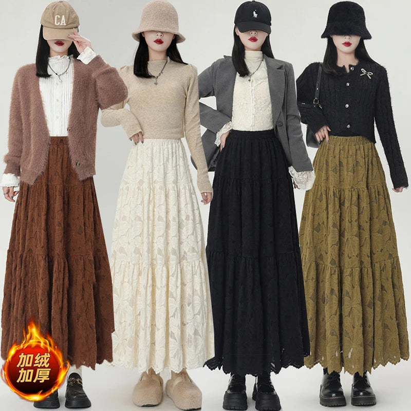 French Women Solid Velvet Lace Elegant Vacation Pleated Long Skirt 2024 Autumn Winter New High Waist Party Skirt Fashion Popular