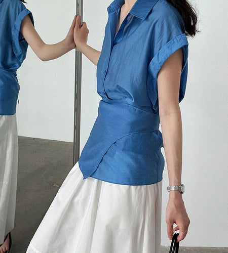 Women Blue Thin Irregular Bandage Big Size Blouse New Lapel Short Sleeve Shirt Fashion Tide Spring Summer 2025 1DJ1709