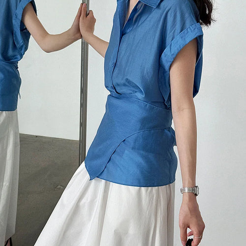 Load image into Gallery viewer, Women Blue Thin Irregular Bandage Big Size Blouse New Lapel Short Sleeve Shirt Fashion Tide Spring Summer 2025 1DJ1709
