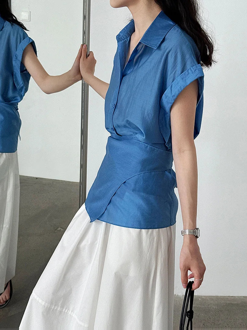 Women Blue Thin Irregular Bandage Big Size Blouse New Lapel Short Sleeve Shirt Fashion Tide Spring Summer 2025 1DJ1709