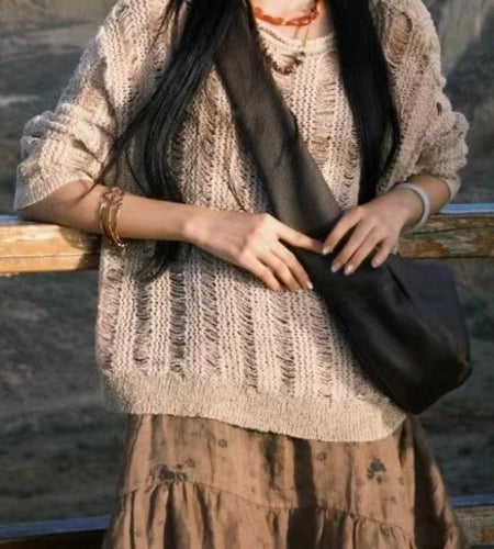 Autumn Streetwear Y2k Aesthetic Grunge Pullovers Vintage Solid Harajuku Grunge Jumpers Loose Knitted Women Hollow Out Sweaters