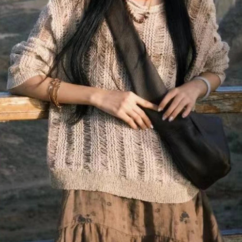 Load image into Gallery viewer, Autumn Streetwear Y2k Aesthetic Grunge Pullovers Vintage Solid Harajuku Grunge Jumpers Loose Knitted Women Hollow Out Sweaters
