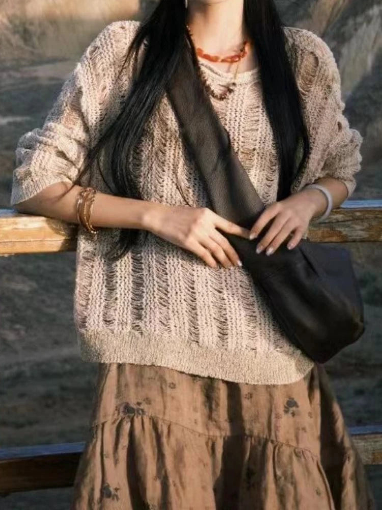 Autumn Streetwear Y2k Aesthetic Grunge Pullovers Vintage Solid Harajuku Grunge Jumpers Loose Knitted Women Hollow Out Sweaters