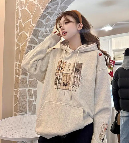 Autumn Winter 2025 Beige Velvet Embroidered Elegant Pullover Fashion Short Hooded Sweatshirt Women Trendy Long Sleeve Tops Retro